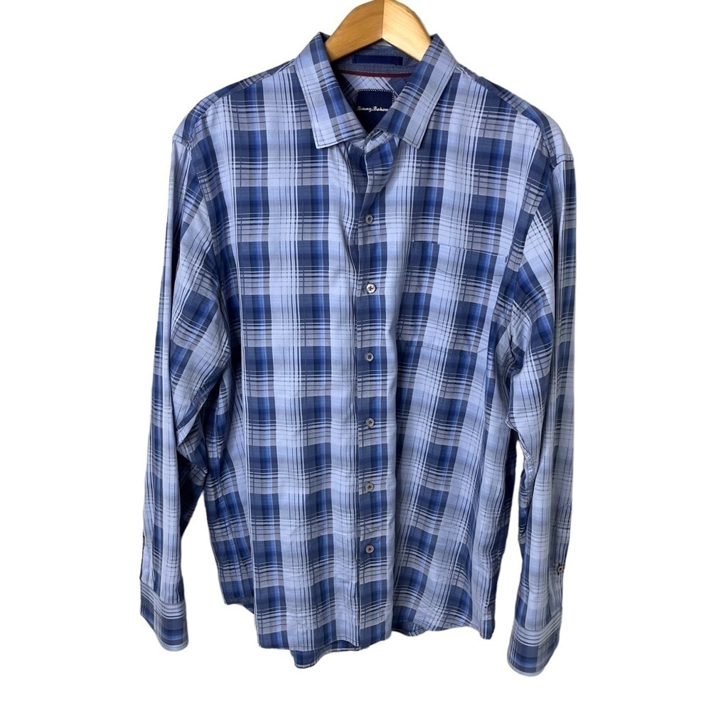Tommy Bahama Shadow Ridge Plaid Button Down Shirt Blue Size XL Long Sleeve